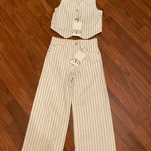 Zara Striped White and Blue Vest and Pants Set new size 7/8